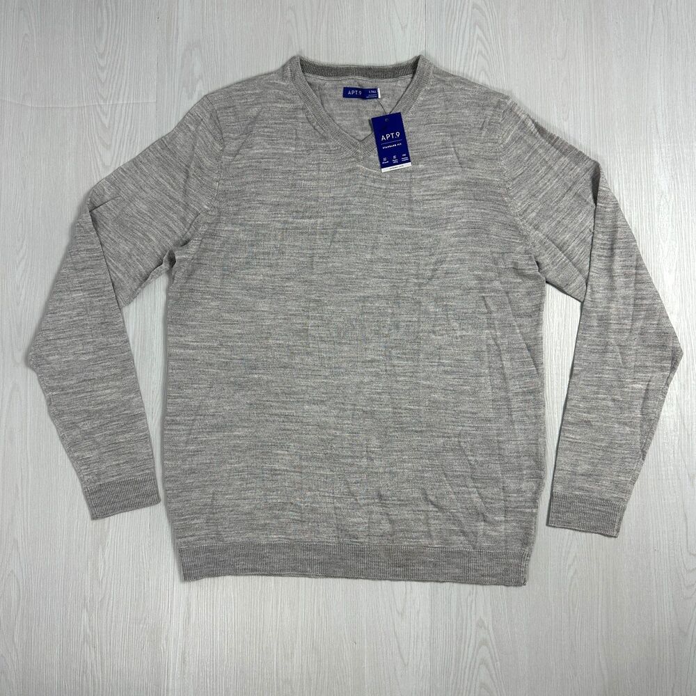 Apt 9 Mens Large Tall Gray Merino Wool Blend V-Neck Sweater Modern Luxe NWT